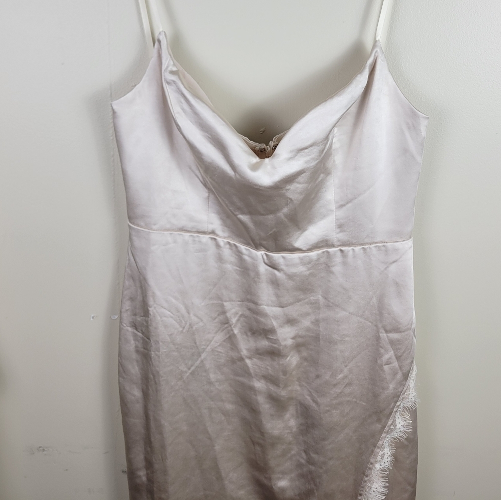 Saints & Secrets Winter Moon Champagne Satin Strapless Lace Trim Slit Midi Dress - Picture 5 of 14